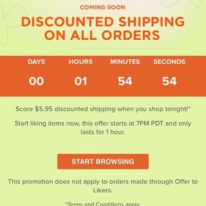 DISCOUNTED SHIPPING TONIGHT FOR 1 HOUR